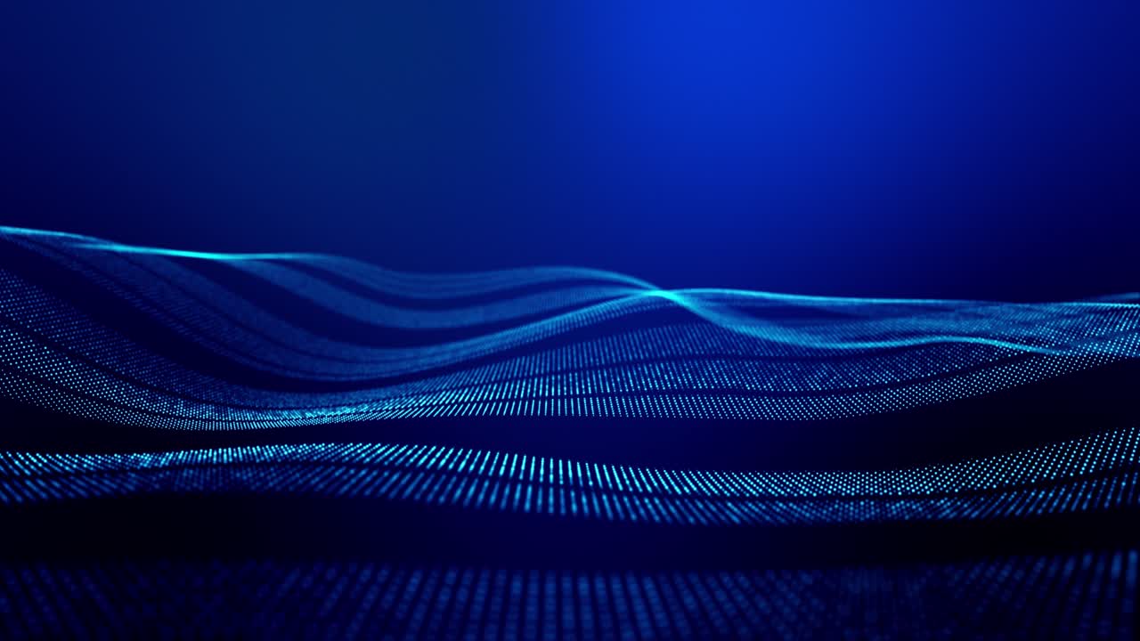 4k looped abstract background of glow particles form lines, surfaces as futuristic landscape in cyberspace or hologram. Sci-fi theme of microworld, nanotechnology or cosmic space. Blue stripes 1