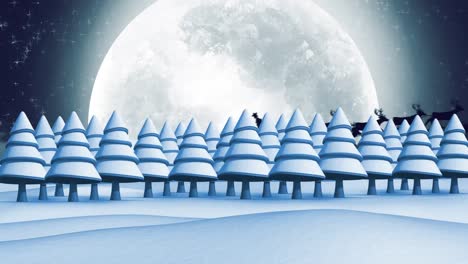 Animation-of-santa-claus-in-sleigh-with-reindeer-moving-over-winter-landscape-and-moon