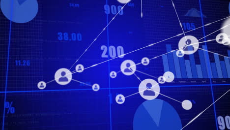 data processing and connections network animation over financial graphs and charts