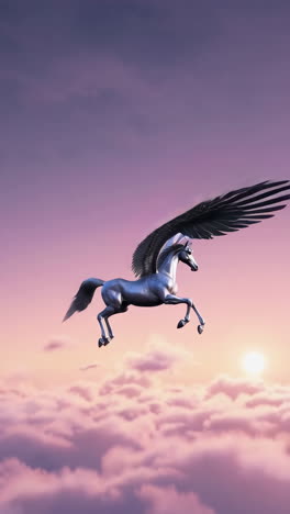 a majestic pegasus soaring above the clouds at sunset
