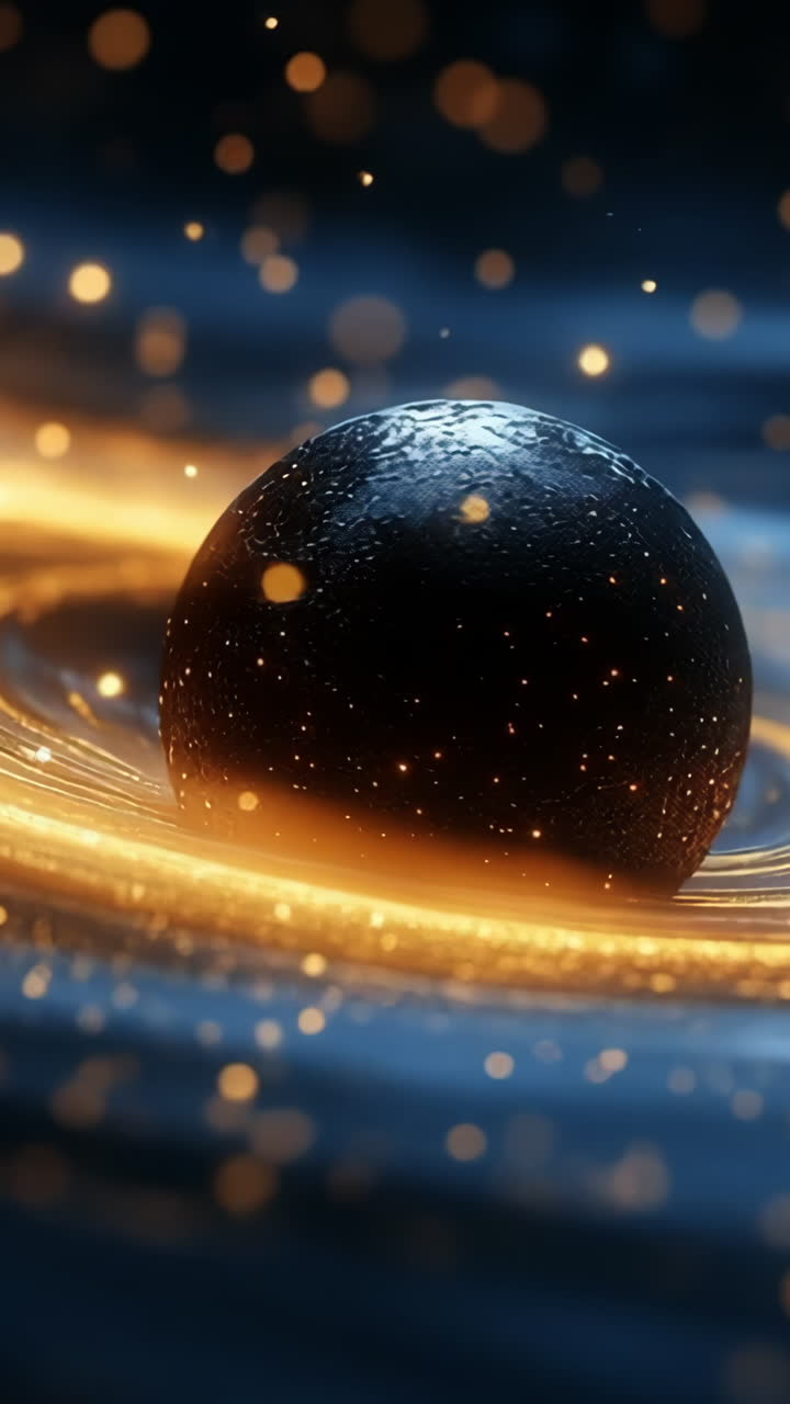 Cosmic whirl of stars and light. A black sphere surrounded by golden light swirls and sparkling particles creates a mesmerizing cosmic scene.