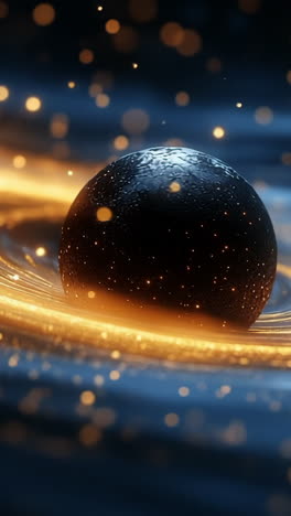 cosmic whirl of stars and light. a black sphere surrounded by golden light swirls and sparkling particles creates a mesmerizing cosmic scene.