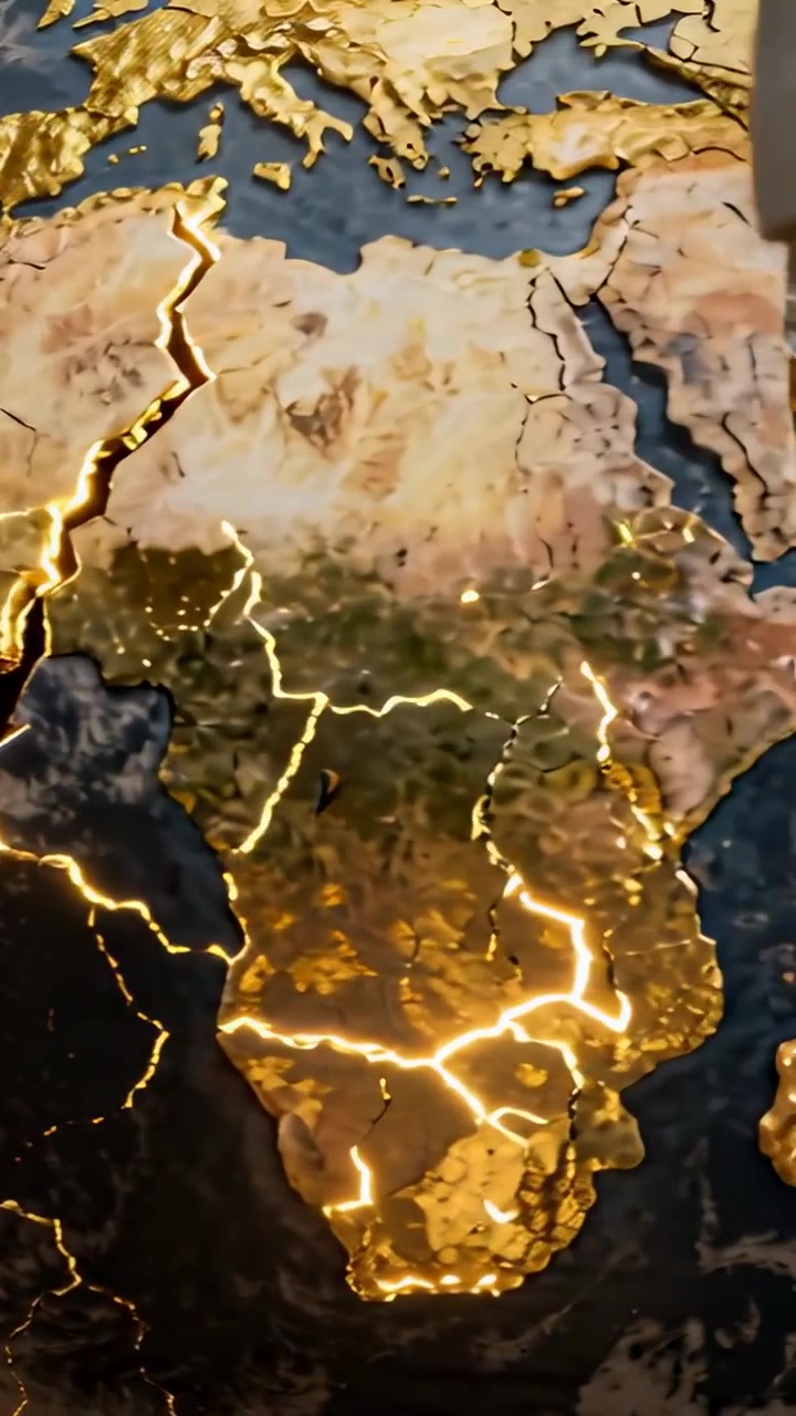 Video verticale: Telecamera orbitante che rivela un globo metallico nello spazio, mostrando fessure dorate che si allargano.