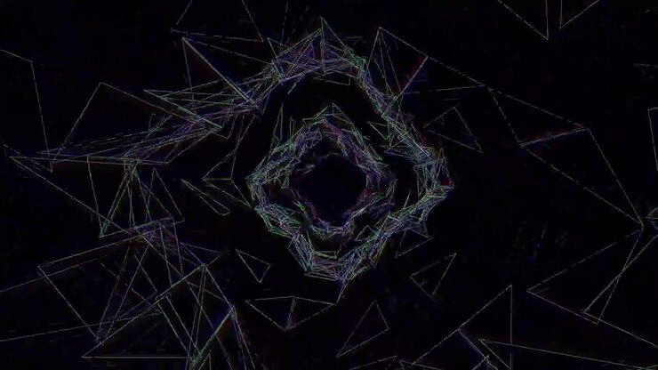 Digital artwork displays a collection of geometric shapes swirling to create a tunnel effect. The design features dark colors with light accents, evoking a sense of movement