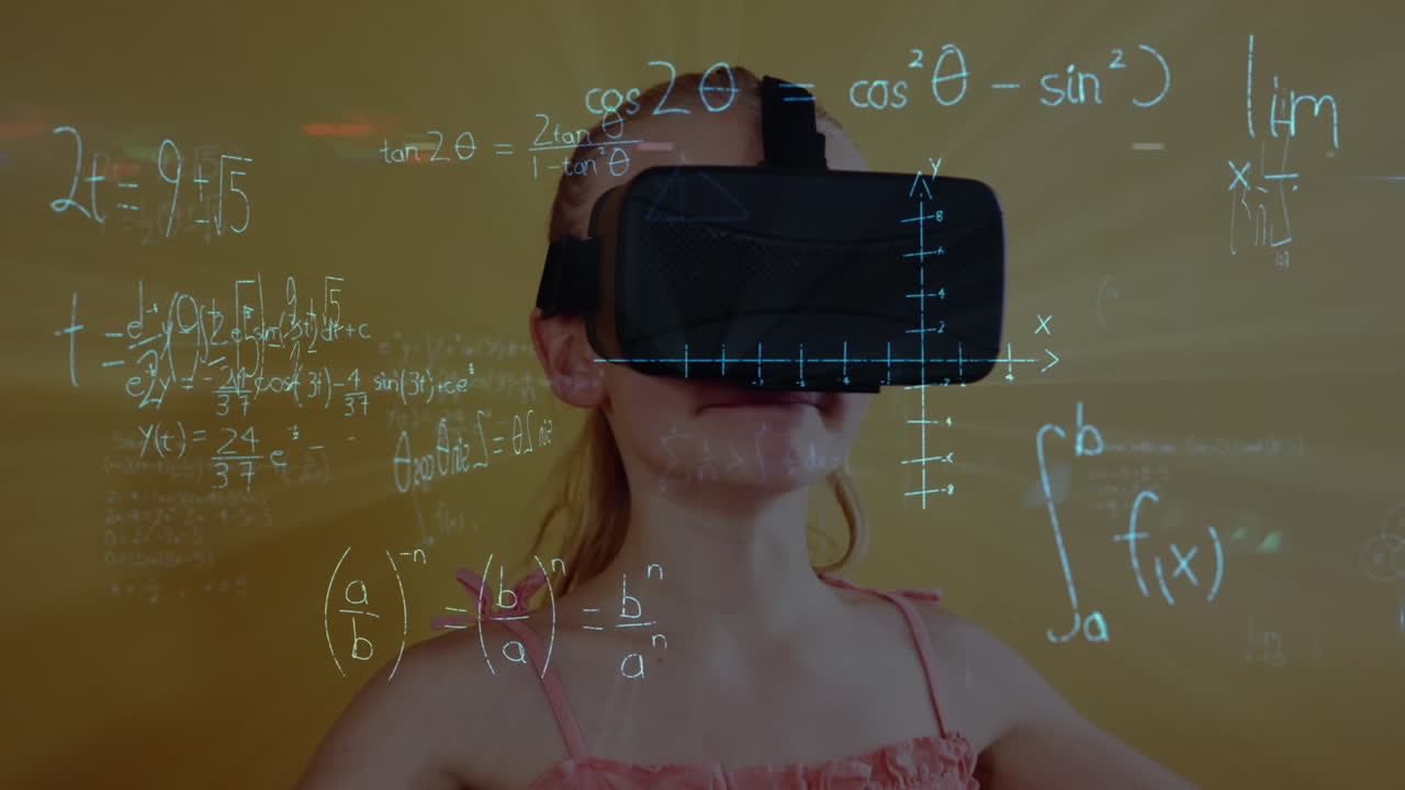Animation of mathematical formulas over schoolgirl using vr headset