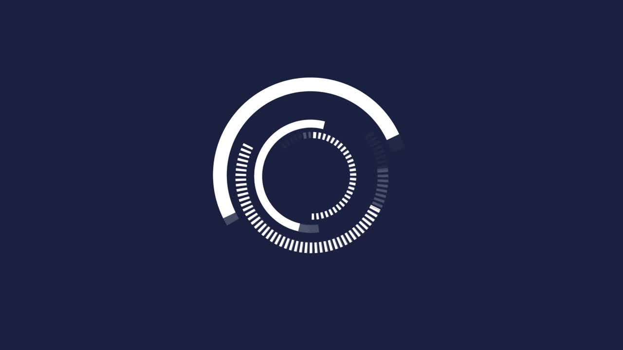 Rotating white rings and red shapes on dark grey background