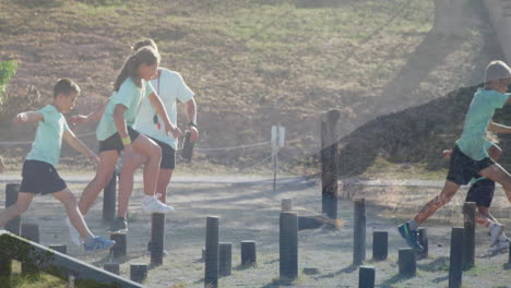 in school, children jumping over wooden posts in outdoor obstacle course animation