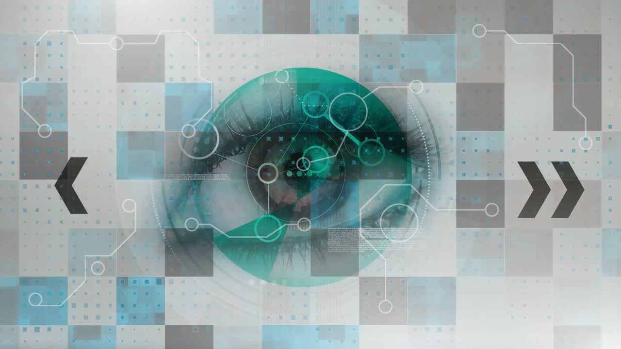 animación de redes de conexiones con flechas sobre el ojo y cuadrados parpadeantes