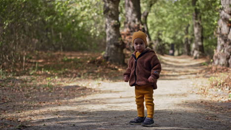 little toddler walking by the alley in the park. kid stops and turns to camera. autumn nature at backdrop.
