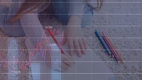 Animación-De-Datos-Financieros-Y-Gráficos-Sobre-Manos-De-Dibujo-De-Niña-Caucásica