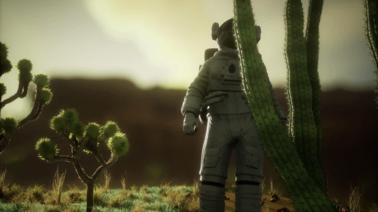 Astronaut explores alien landscape with cacti under a surreal sky
