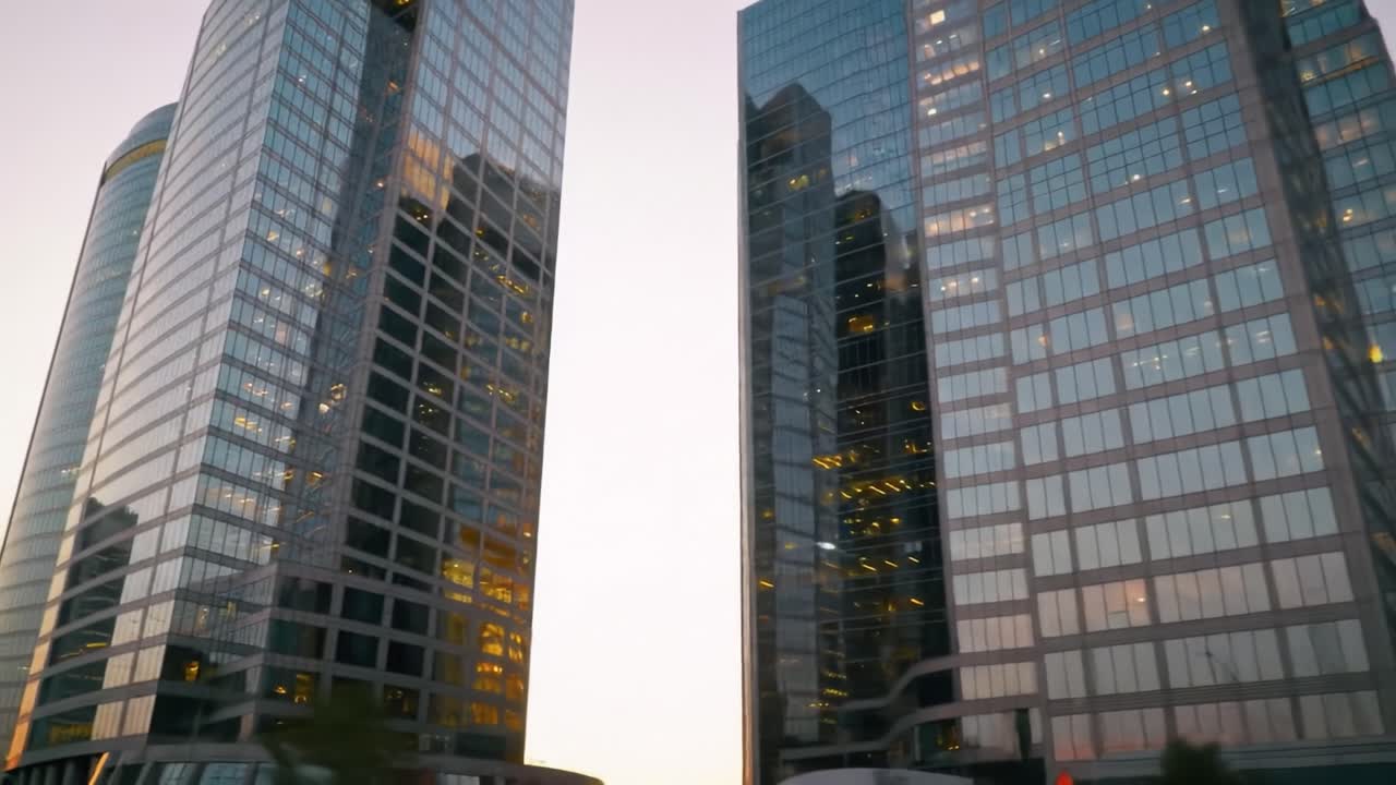 Stunning Urban Landscape at Dusk: A Glimpse of Modern Skyscrapers with Glowing Lights Reflecting the Sunset, Capturing the Essence of City Life and Architecture