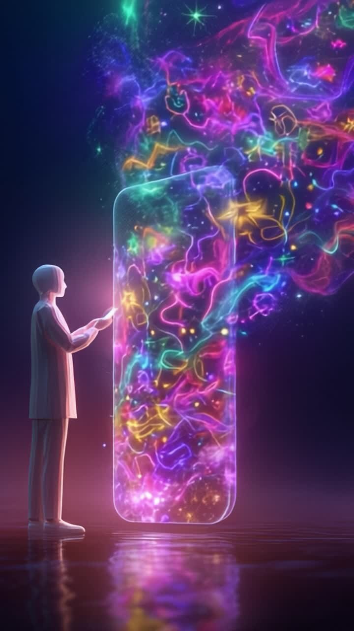 A futuristic figure interacts with a vibrant, glowing mobile interface, surrounded by swirling colors and patterns, showcasing a magical connection to technology