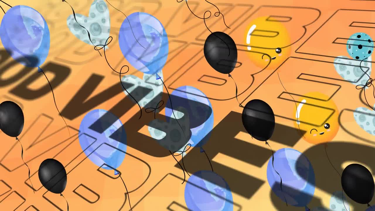 animación de las palabras buenas vibraciones en negro con globos flotantes en naranja