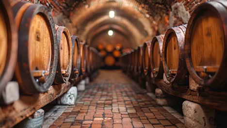 wine barrels in an underground cellar