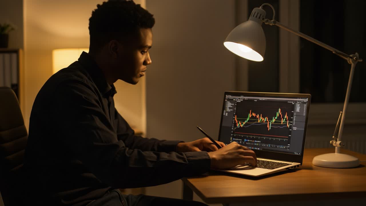 Focused Individual Analyzing Data Trends on Laptop During Late Night Study Session with Warm Lighting and Serious Expression, Working on Financial or Statistical Analysis
