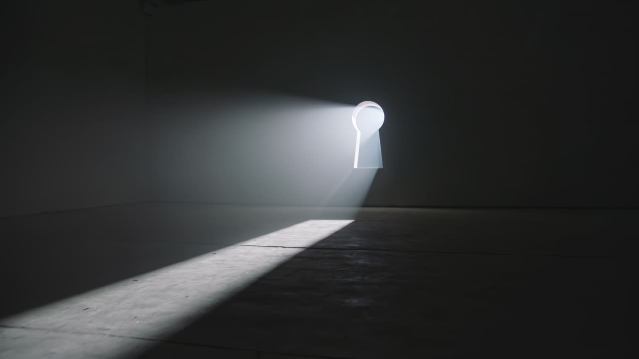 Bright keyhole shaped light shining into a dark empty room symbolizing opportunity and success