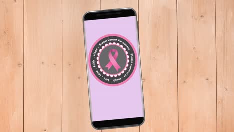 animación del logotipo de la cinta rosa del cáncer de mama con el texto del cáncer de mama en la pantalla del teléfono inteligente