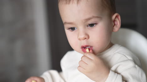 lovely baby in white sweatshirt takes a piece of cheese from the table. kid taking food to his mouth thoughtfully. close up.