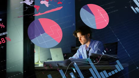 animación de procesamiento de datos sobre empresario caucásico usando computadora portátil en la oficina