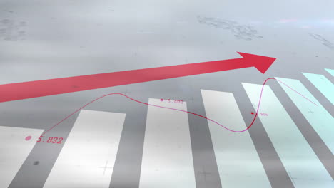 rising red arrow and bar graph with data points animation over gray background