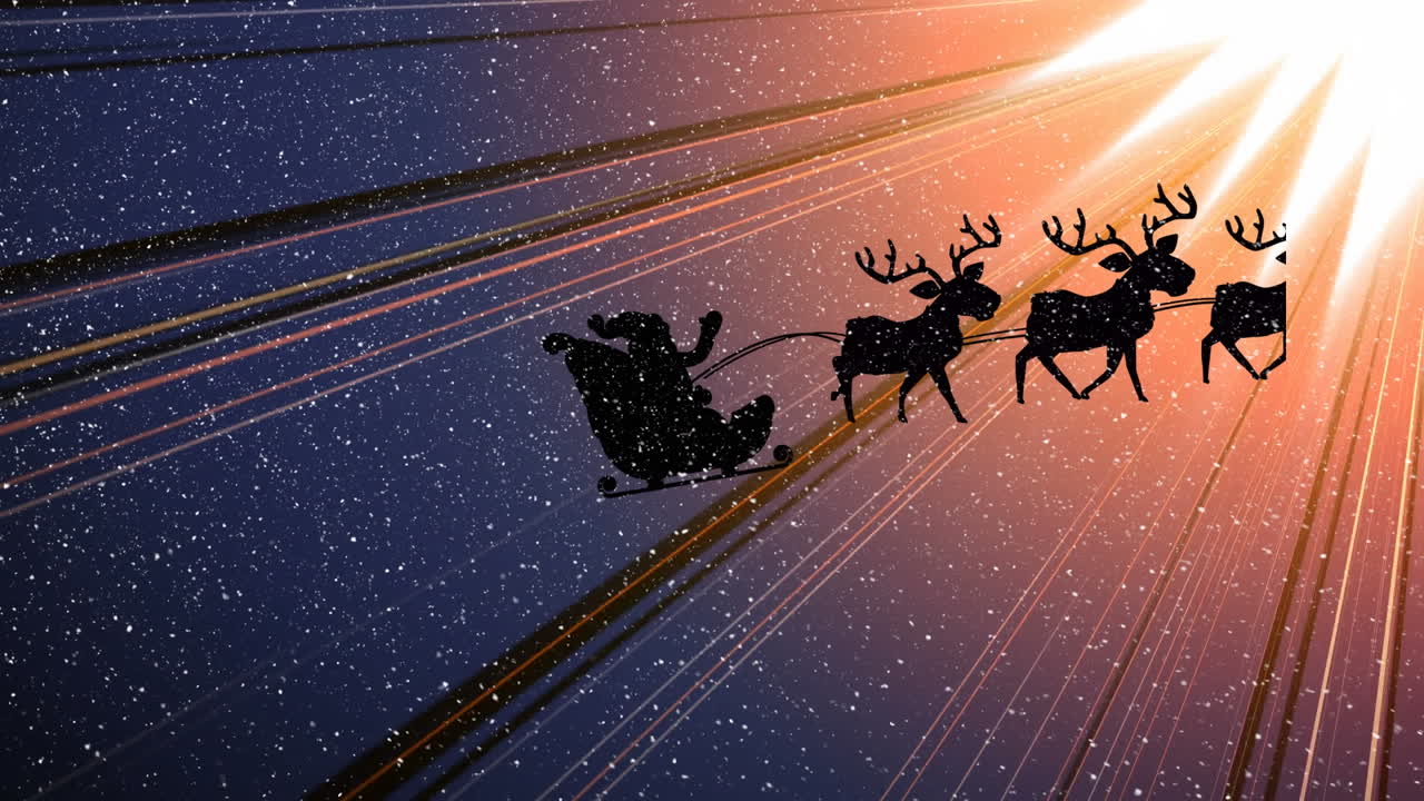 animación de nieve cayendo sobre santa claus en trineo con renos en un fondo colorido