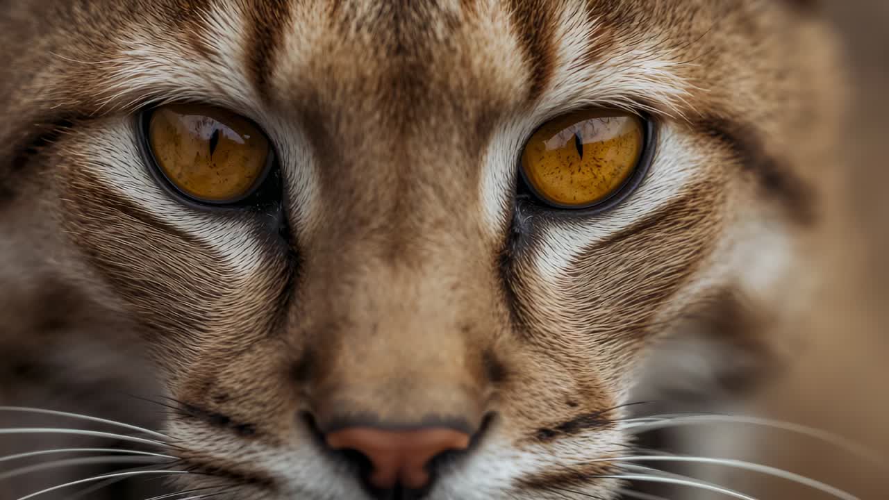 Gravação em close-up de um único felino selvagem adulto reagindo à câmera, com olhos âmbar e nariz rosa refletindo