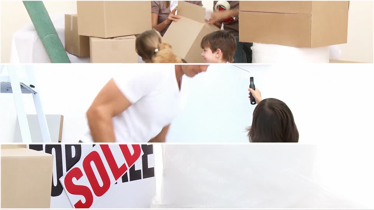 바쁜 가족이 이사하고 장식하는 장면