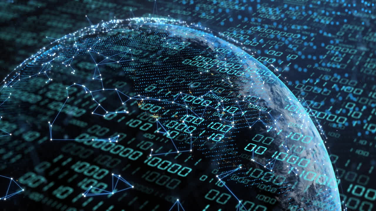 Animation of globe with binary coding and data processing over dark background