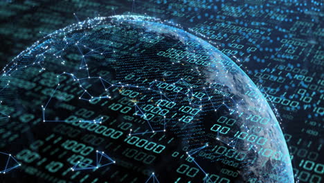 animation of globe with binary coding and data processing over dark background