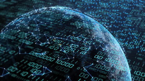 animación del globo con codificación binaria y procesamiento de datos sobre fondo oscuro