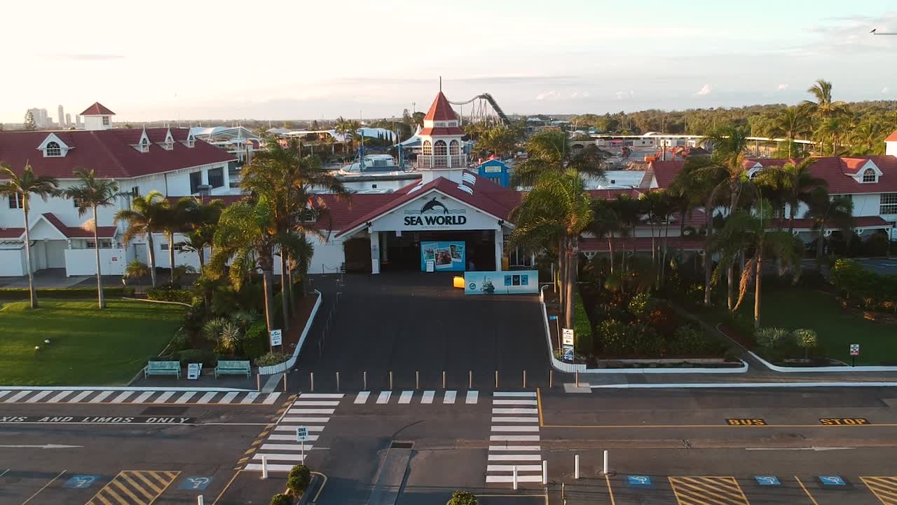 Revealing drone video showing a empty Sea World theme park and parking area due to being closed from the Coronavirus pandemic.
