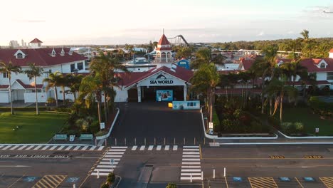 revealing drone video showing a empty sea world theme park and parking area due to being closed from the coronavirus pandemic.