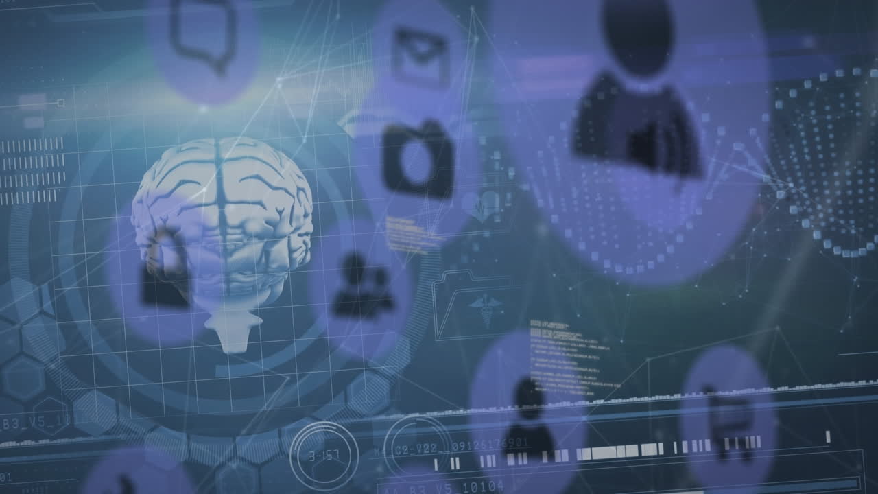 animación de procesamiento de datos e iconos de medios sobre el cerebro y las formas