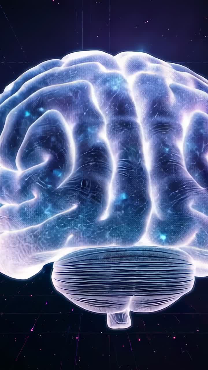 Video verticale: rendering in 3D rotante di un cervello digitale in un campo stellato dopo l'inizio dell'animazione, che rivela le circonvoluzioni