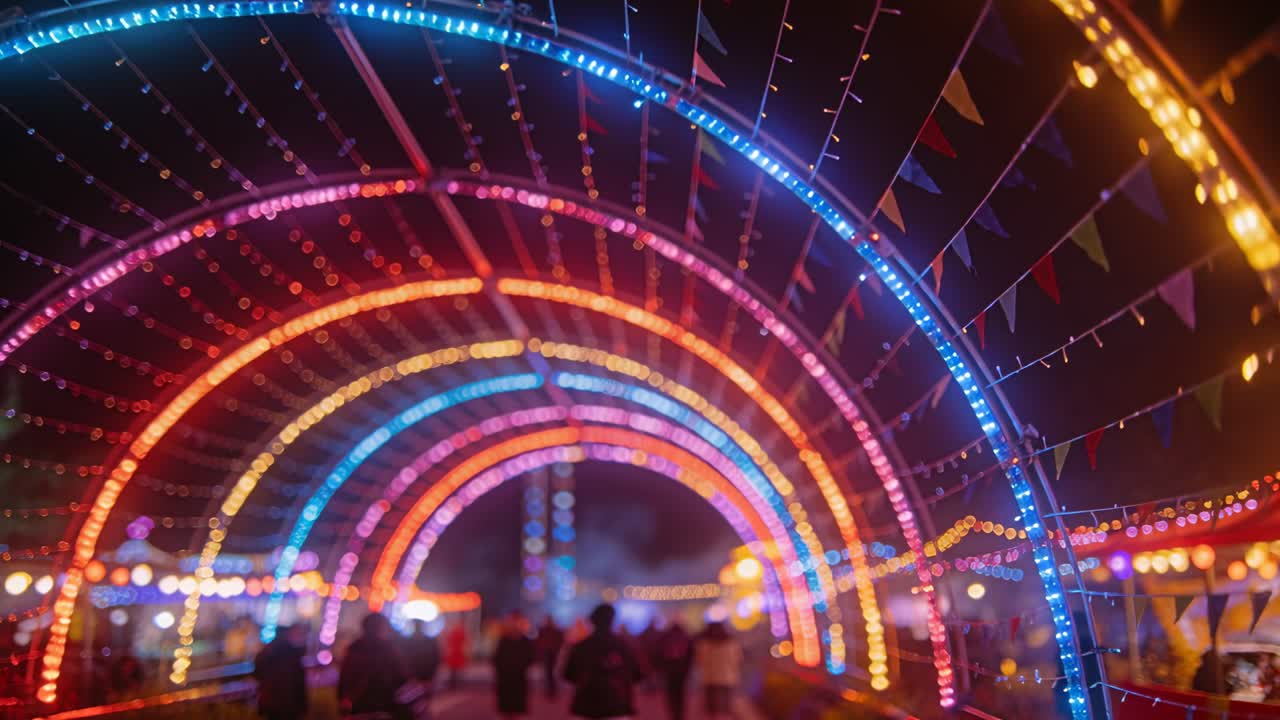 Foco da câmera mudando, revelando arcos de LED coloridos sobre o caminho do festival, guiando visitantes de jaqueta