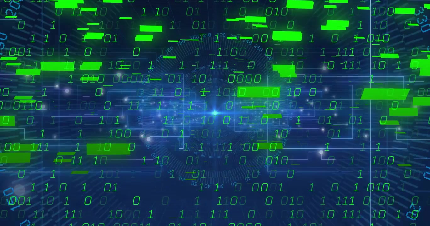 Glow from central blue core starting green blocks growing and digits cascading, showing data flow