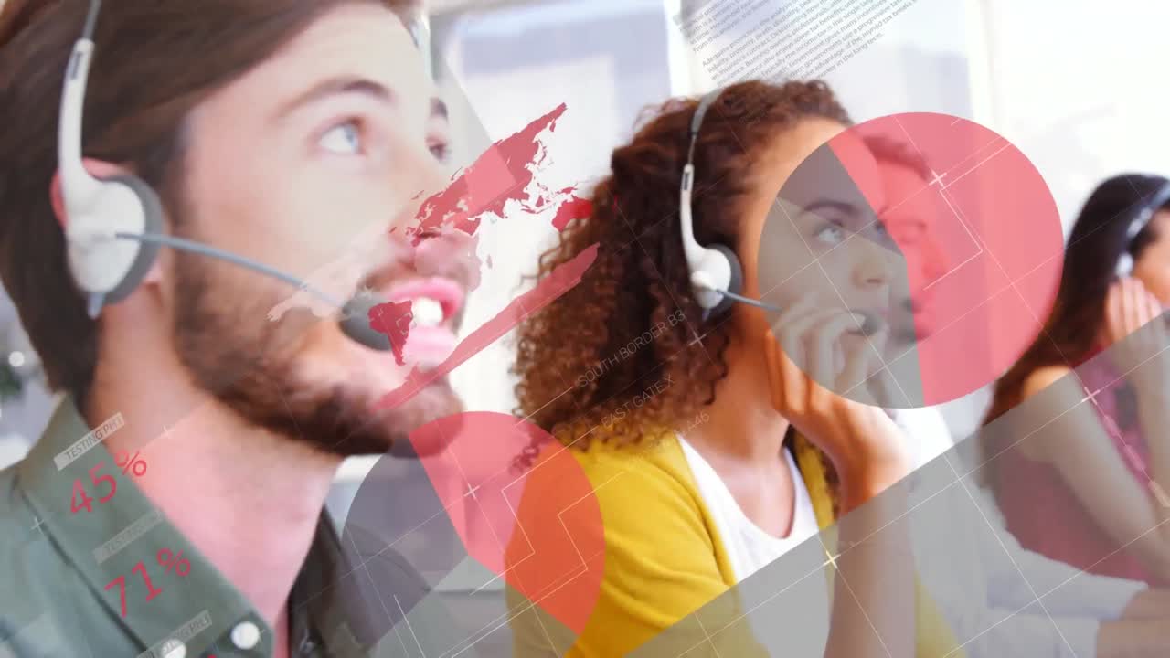 animación de estadísticas y procesamiento de datos sobre personas de negocios que usan auriculares telefónicos