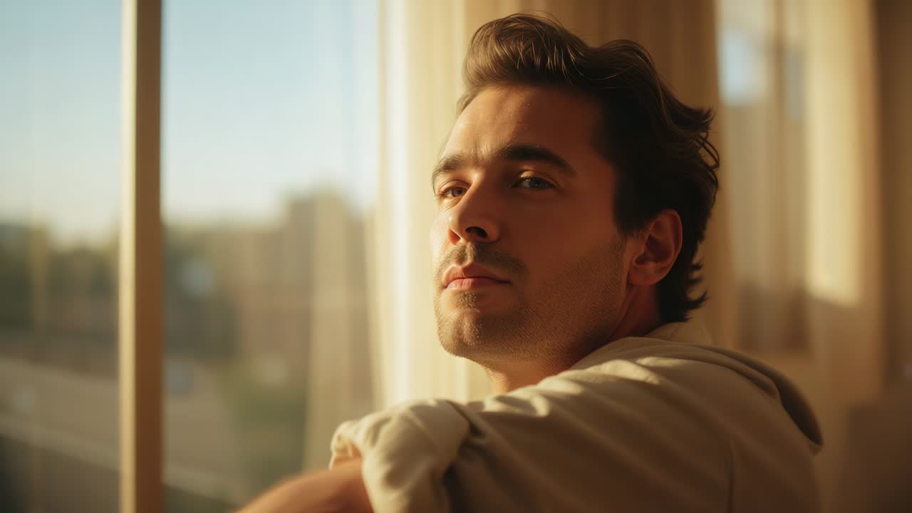 Leaning man, rolled sleeves, opening, closing eyes, smiling at home window, sunlight drawing calm