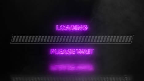 purple neon loading please wait progress bar icon with smoke or fog effect. bar uploading led sign with flashing light and reflection on wet floor on a black background. abstract banner animation 4k