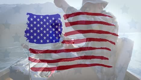 animation of american flag waving over man in the background