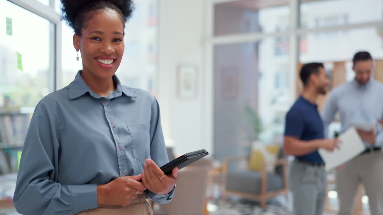 Business, portrait of black woman CEO with tablet