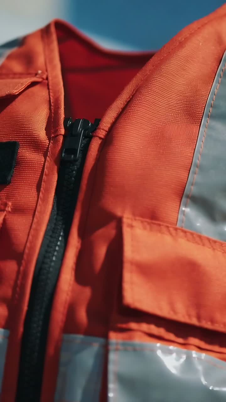 Video vertical: Inclinación de cámara que provoca un ligero movimiento de un chaleco naranja al aire libre, mostrando el parche de la cremallera.