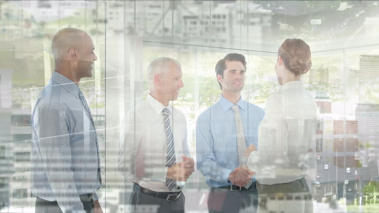 백인 사업가 여성이 남성 동료들과 손을 잡고 있는 애니메이션과 도시 풍경의 공중 전망