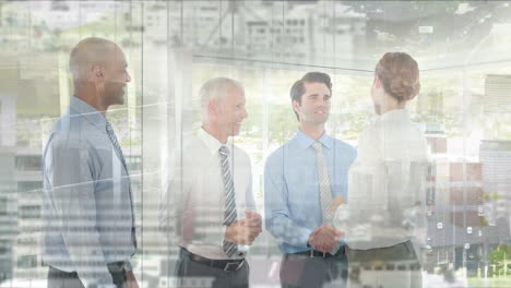animation of caucasian businesswoman shaking hands with male coworkers and aerial view of cityscape
