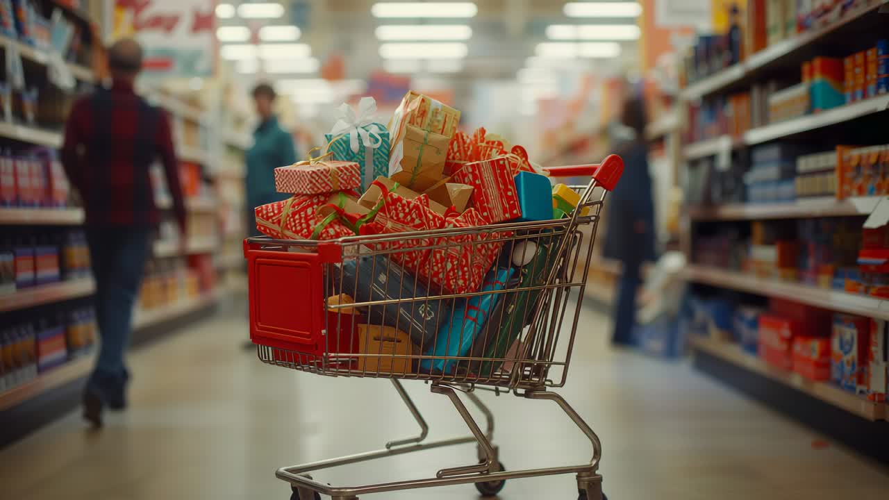 Entering supermarket aisle shoppers scanning shelves, passing cart filled with holiday gifts
