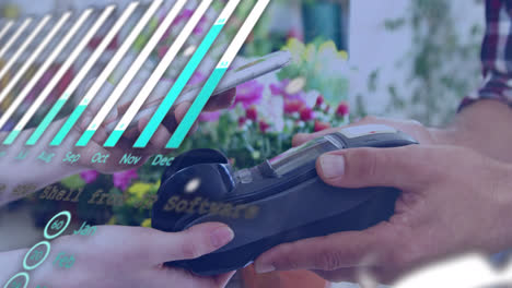 animatio of financial data processing over people using payment terminal