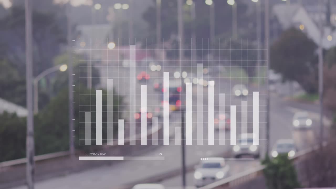 animación del procesamiento de datos estadísticos frente a una vista aérea del tráfico urbano