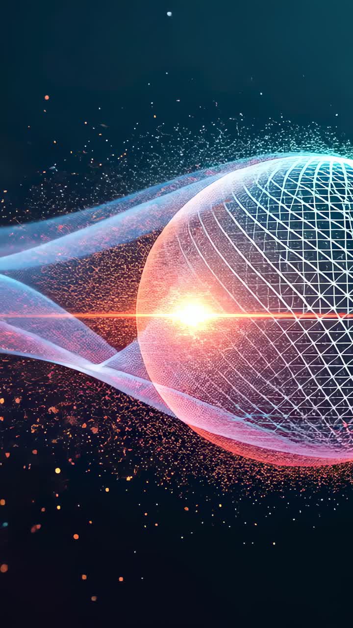 Vertical video: Gliding from left, ribbon pulling dust to mesh orb with flare on teal forming halo