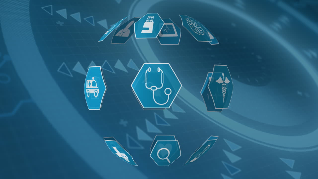 파란색 배경에 아이콘과 과학 데이터 처리를 가진 지구의 애니메이션